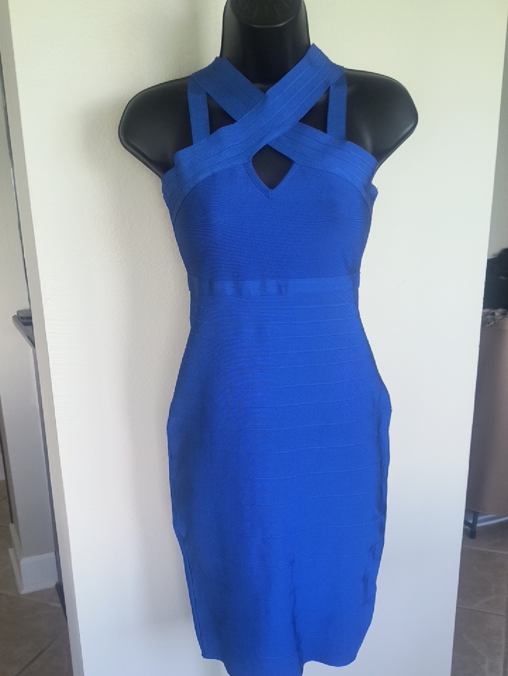 Shinestar Royal Blue One-Shoulder Cross-Strap Bodycon Dress